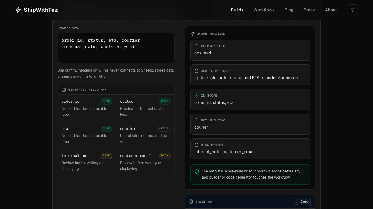 Sheet → Internal Tool Brief